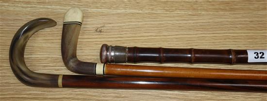 A French anglers cane, a horn handle Sunday stick and a horn handle stick